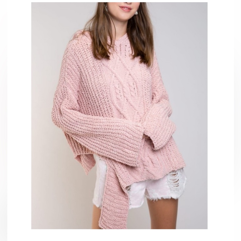 POL Chunky Knit Hoodie Sweater in Canyon Rose